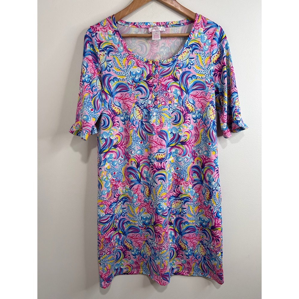 Stella Parker Pink Blue Tropical Paisley Henley Ruffle Sleeve Dress M Resortwear
